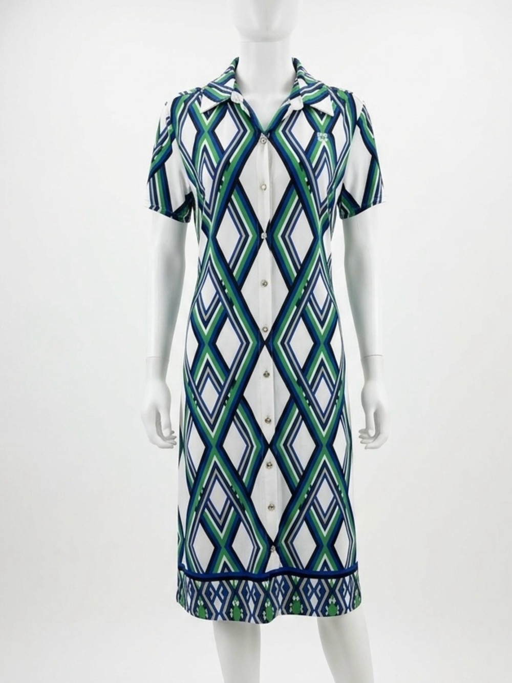 Anne Klein Retro Geometric Print Shirt Dress XL Blue Green White Button Front